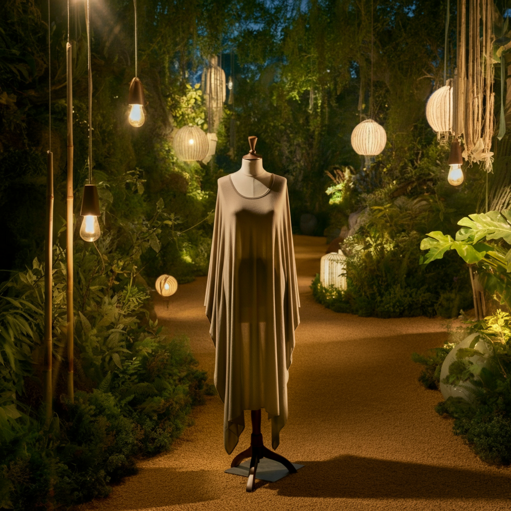 a dress form in a garden with hanging lanterns