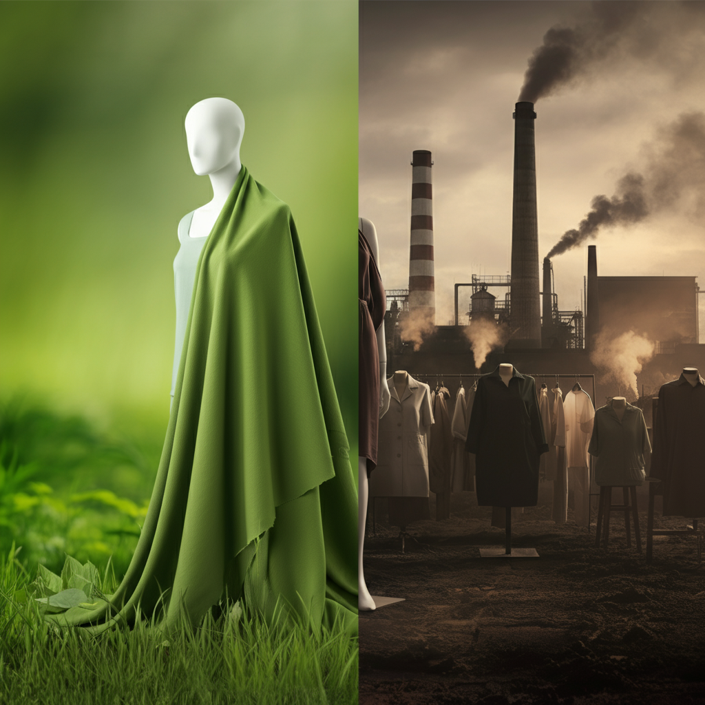 a mannequine of a woman in a green fabric next to an industrial polluted background