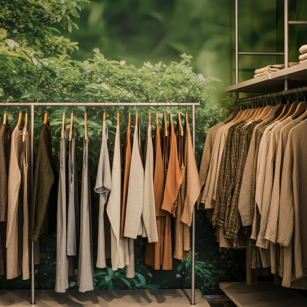 a clothing rack with environmentally-friendly clothes hanging on a rack