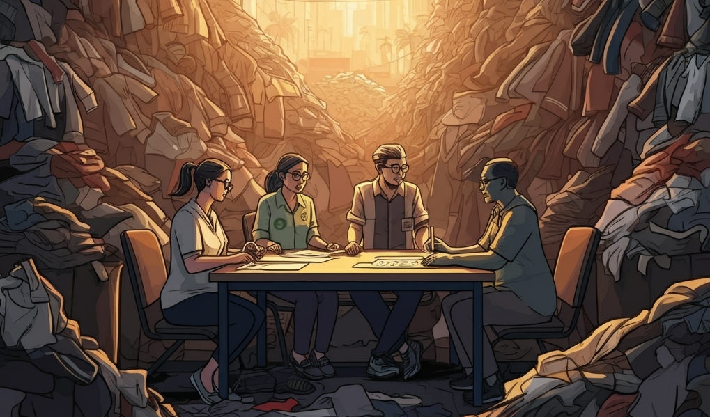 a group of people sitting at a table next to a mountain of fashion waste