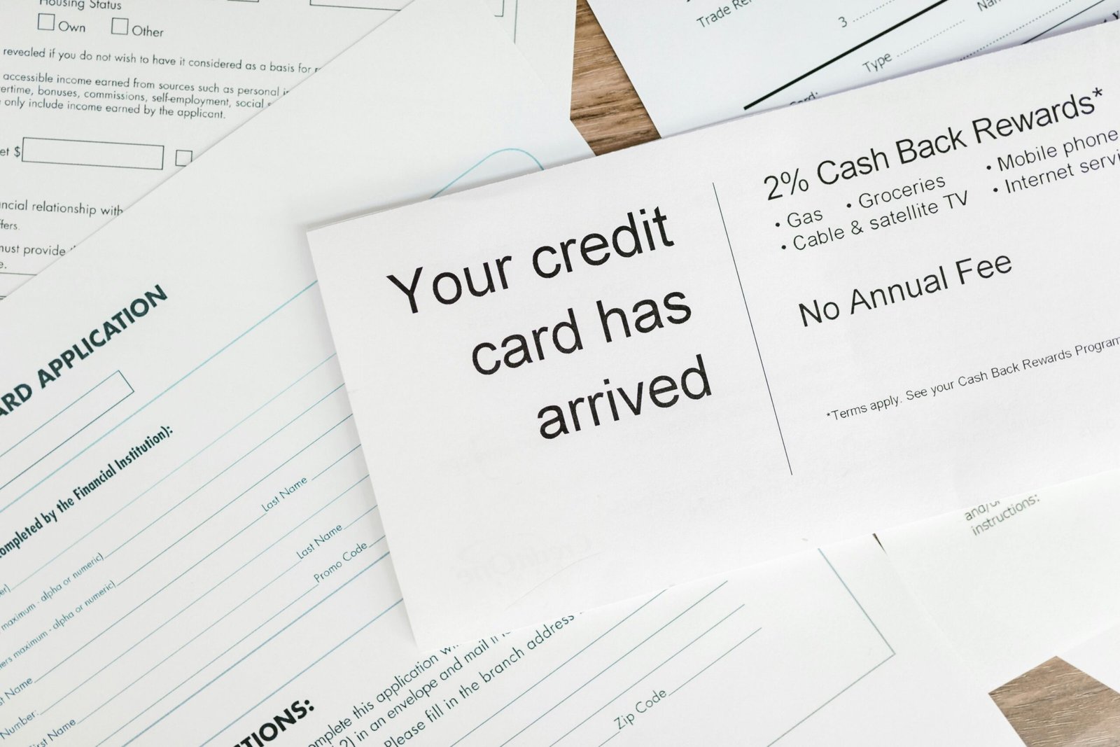 A credit card application on top of a tanle