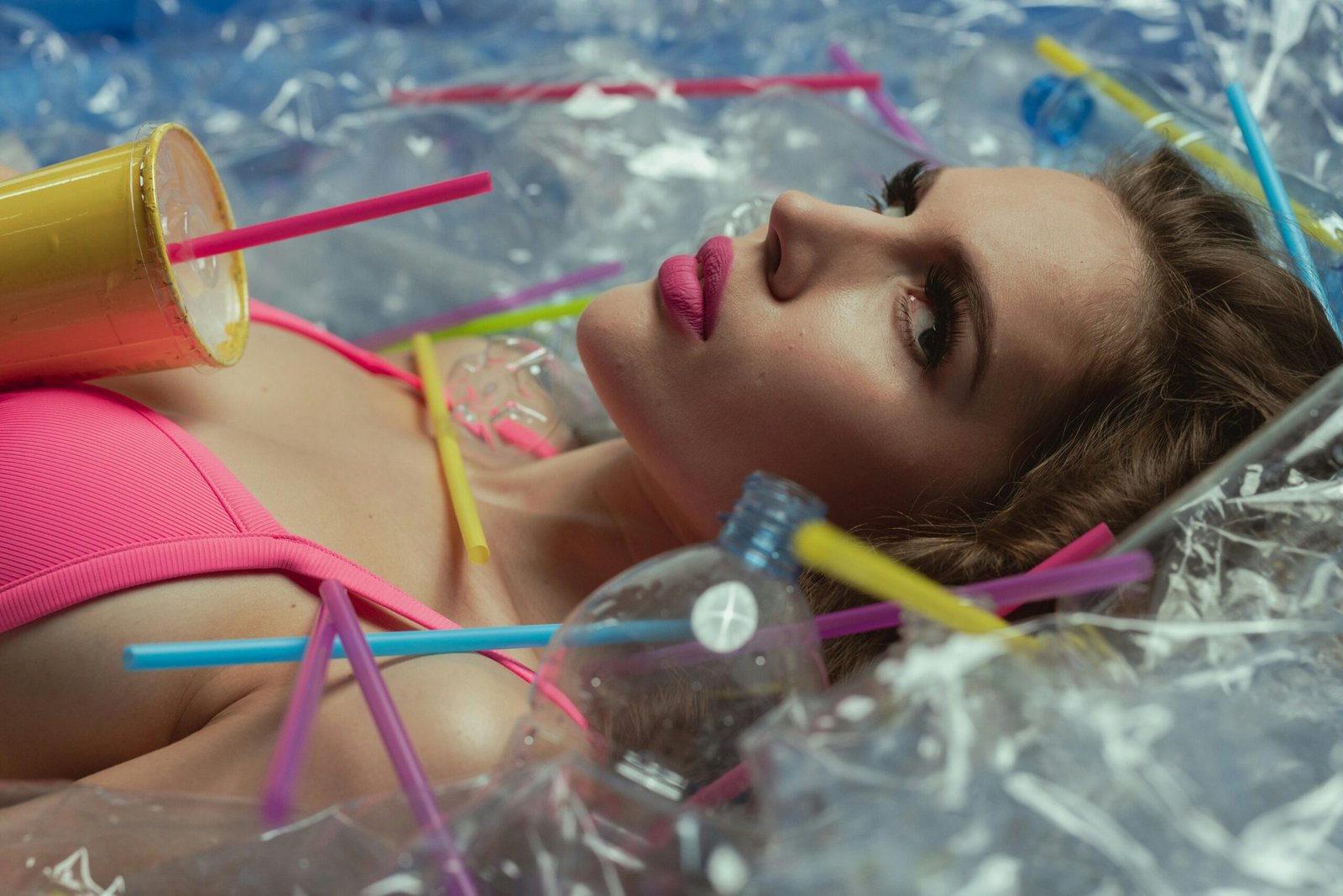 a woman in a pink bikinisuit laying on a plastic container