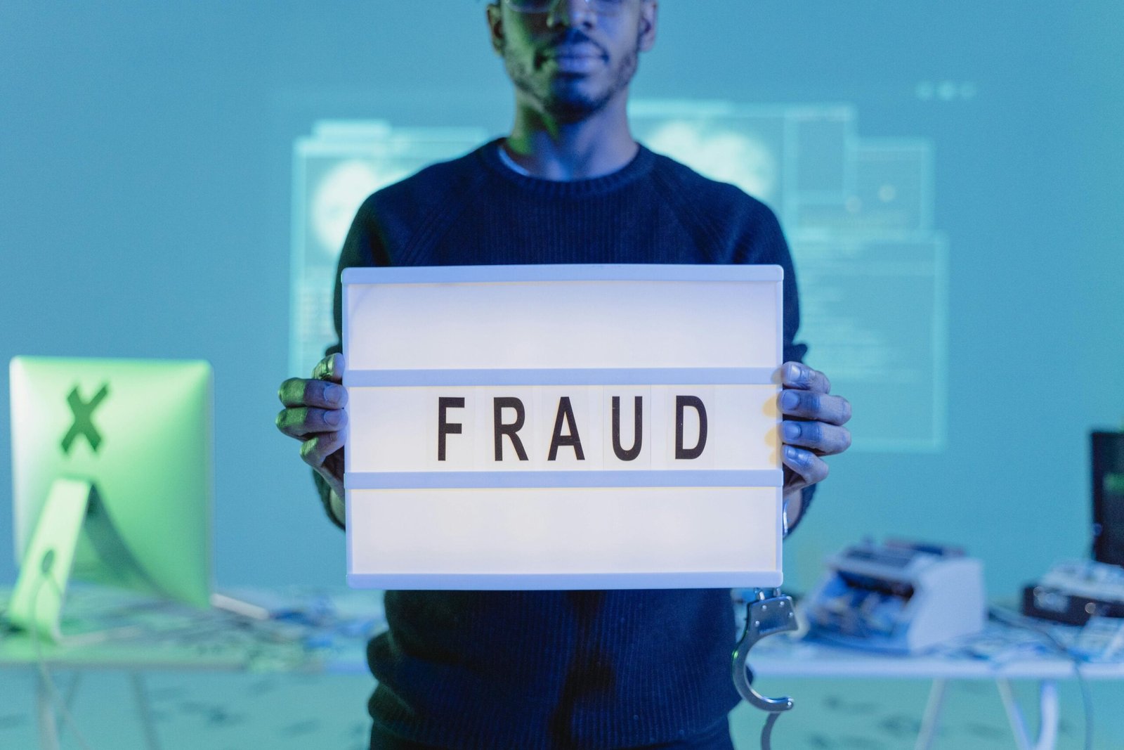 a man holding a sign that says fraud